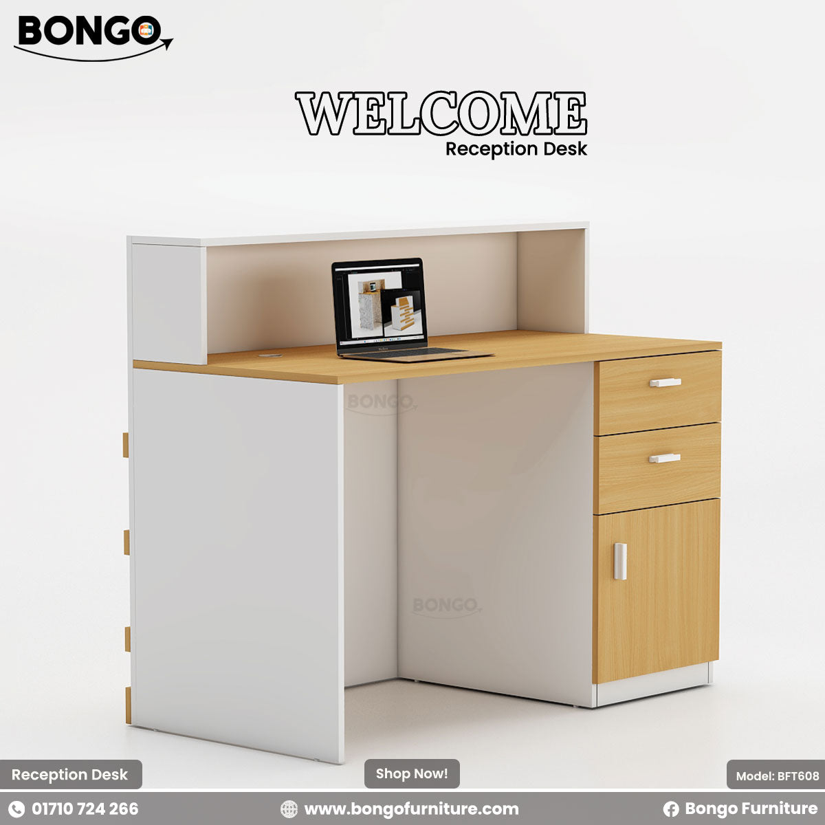 Reception desk with wooden top and white side panel, featuring Bongo Furniture branding.