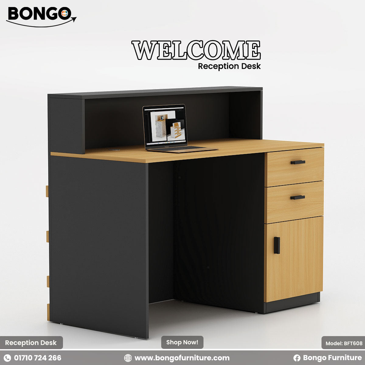 Black and Beach reception desk with Bongo Furniture branding on a white background