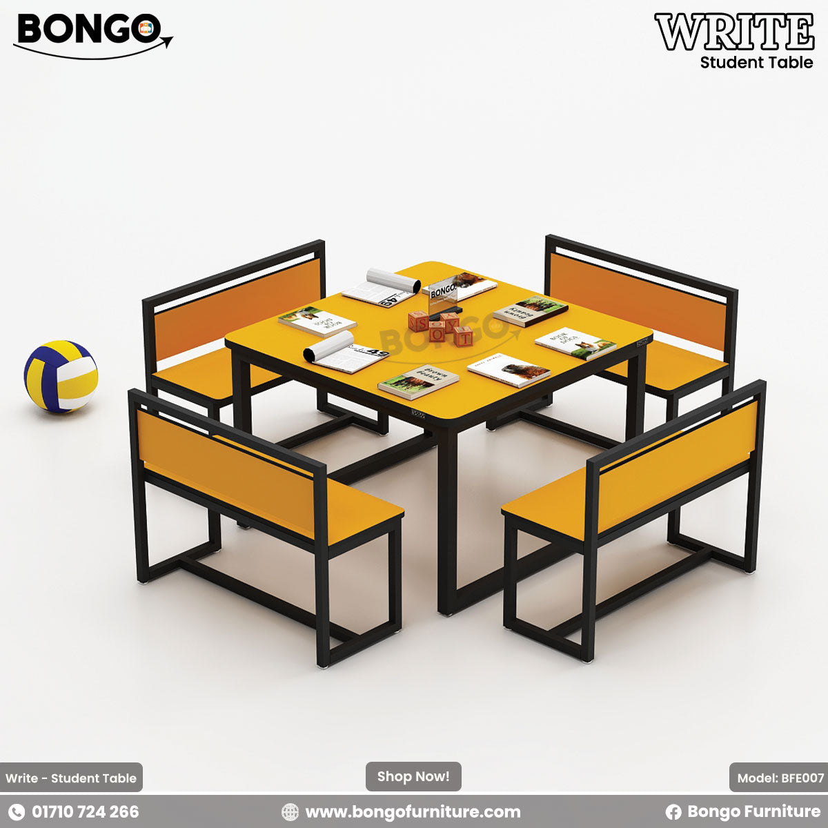 A set of student furniture including a rectangular table with a yellow tabletop and black steel frame, surrounded by four orange benches with black steel frames. There is also a basketball and a soccer ball next to the furniture.