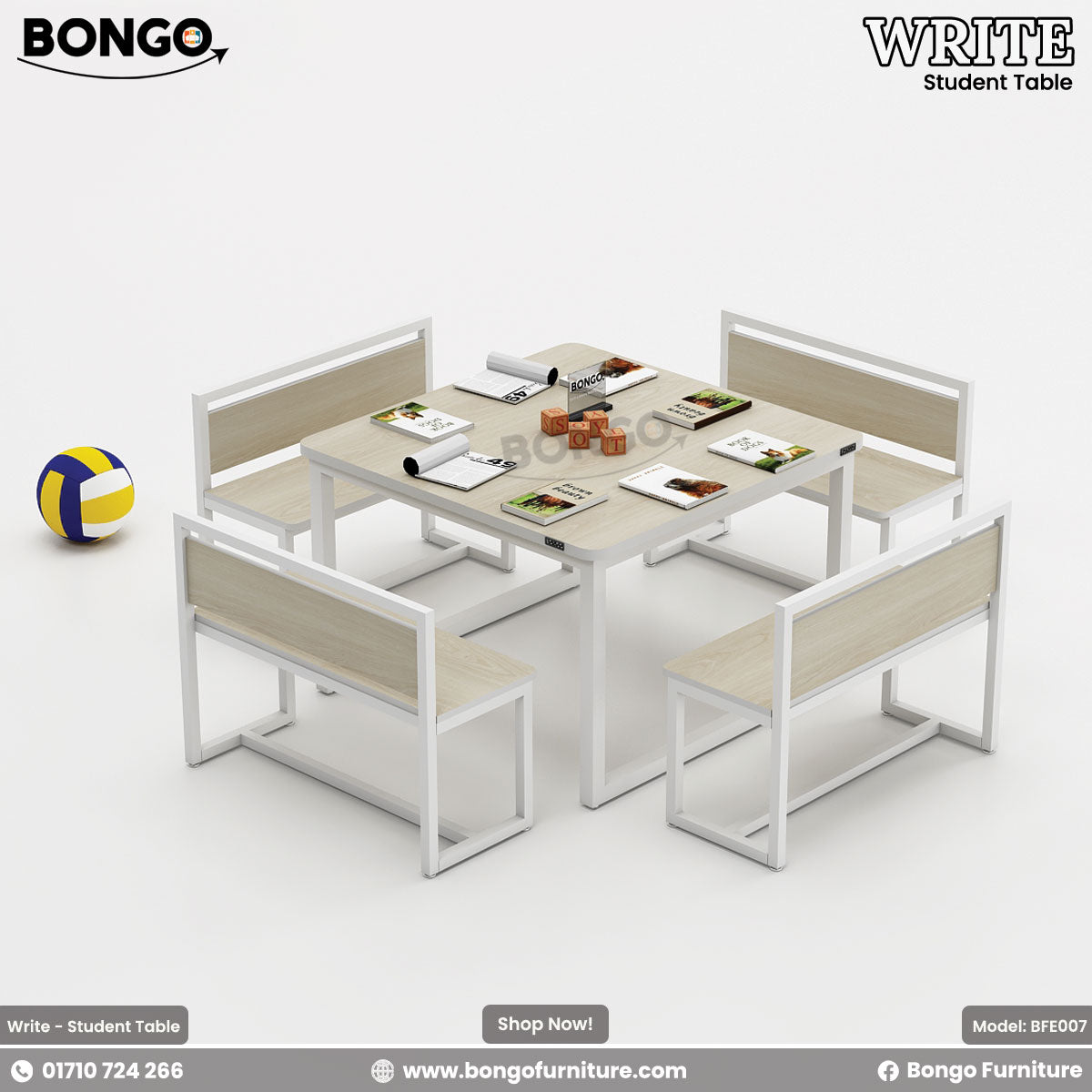 A set of student furniture including a rectangular table with a yellow tabletop and black steel frame, surrounded by four orange benches with black steel frames. There is also a basketball and a soccer ball next to the furniture.