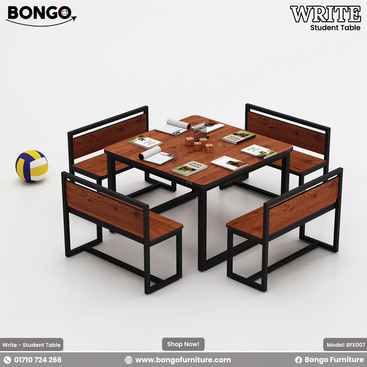 A set of student furniture including a rectangular table with a yellow tabletop and black steel frame, surrounded by four orange benches with black steel frames. There is also a basketball and a soccer ball next to the furniture.