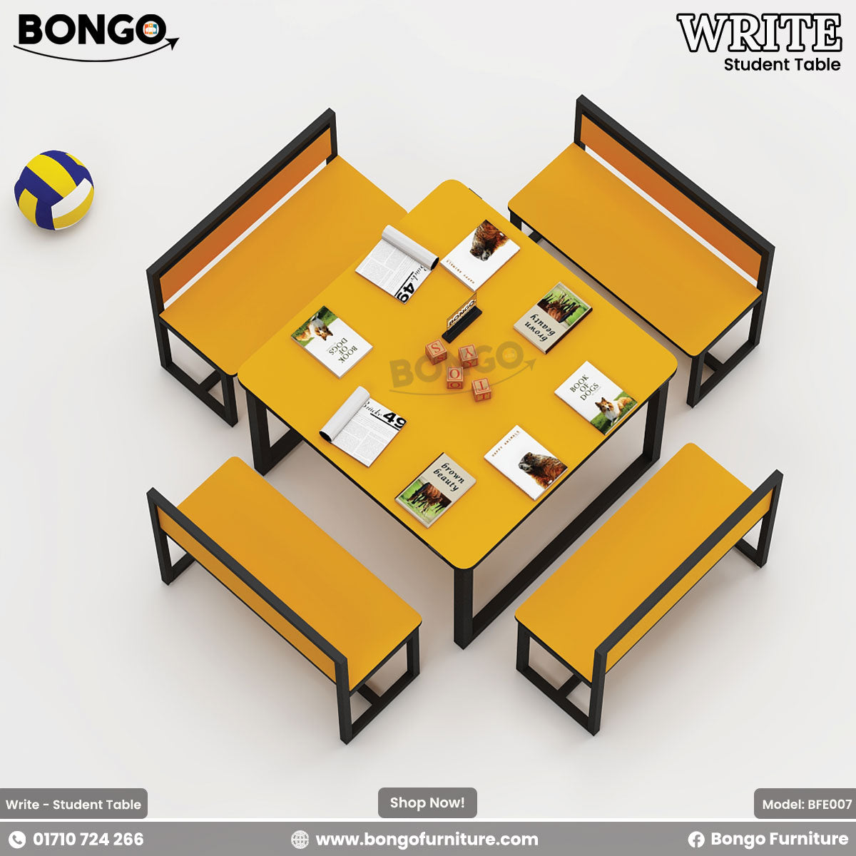 A promotional image of the 'WRITE Student Table' from BONGO. This is a four-seater, canteen-style set featuring a black metal frame and bright orange-yellow surfaces. The unit consists of a square table with four integrated benches, each with a low backrest. The table is staged for study with notebooks, and a volleyball is on the floor beside it.