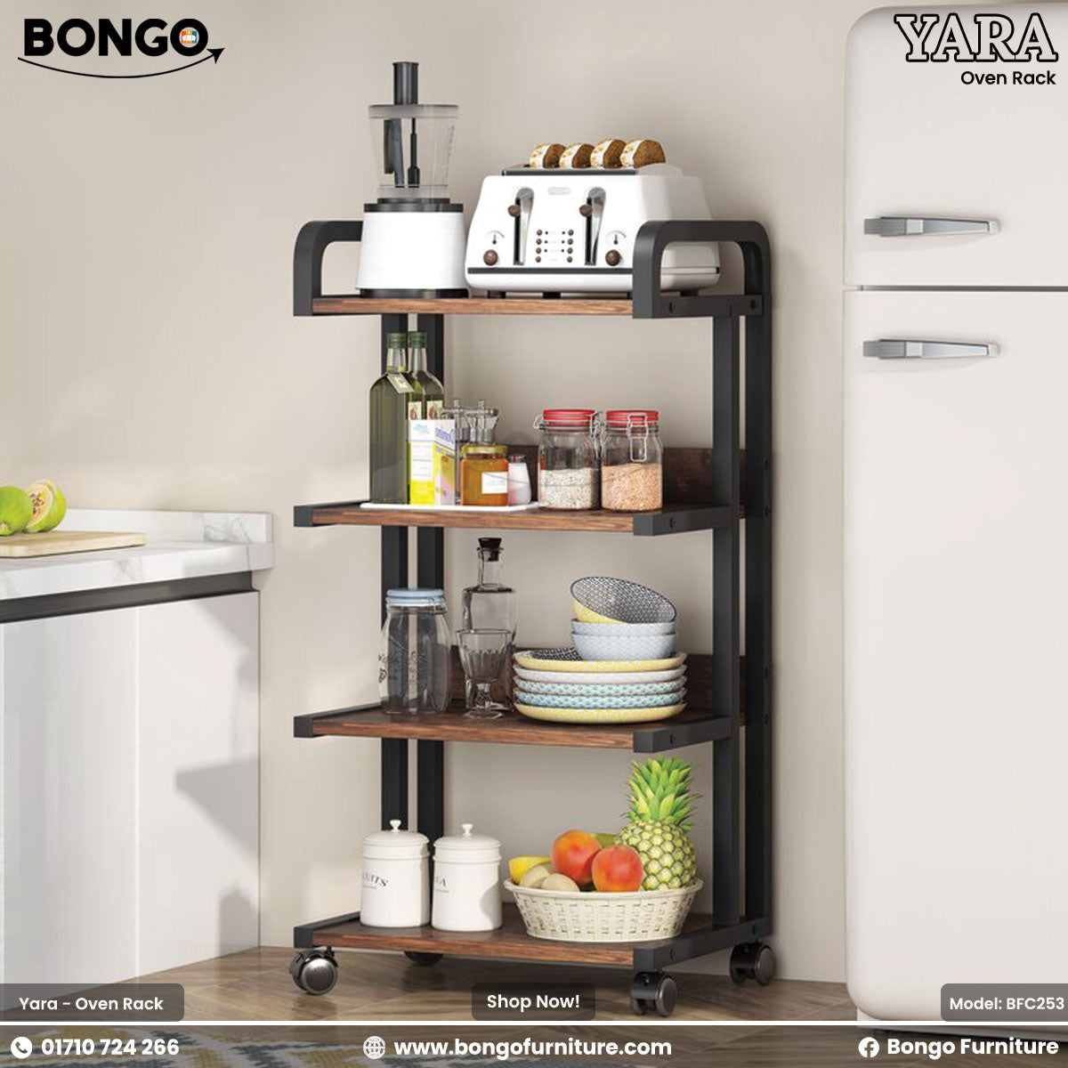 A multi-tiered oven rack with various kitchen items arranged on it, including a scale, bottles, and fruits. The rack is placed in a home kitchen setting, next to a refrigerator.
