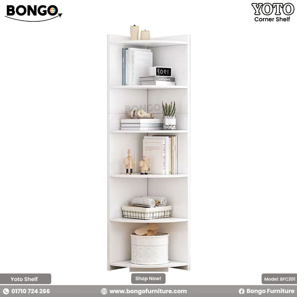 A white Yoto corner shelf with five tiers, featuring books, decorative items, and a potted plant on it, positioned in a room near a window with blinds.