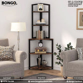 Corner shelf in a living room with Bongo and Zarif branding.