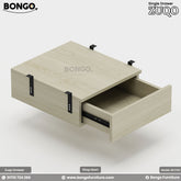 A Zuqo single drawer unit in a light Water Resistant Strong Laminated Board finish, partially open, with the Bongo Furniture logo and contact information visible.