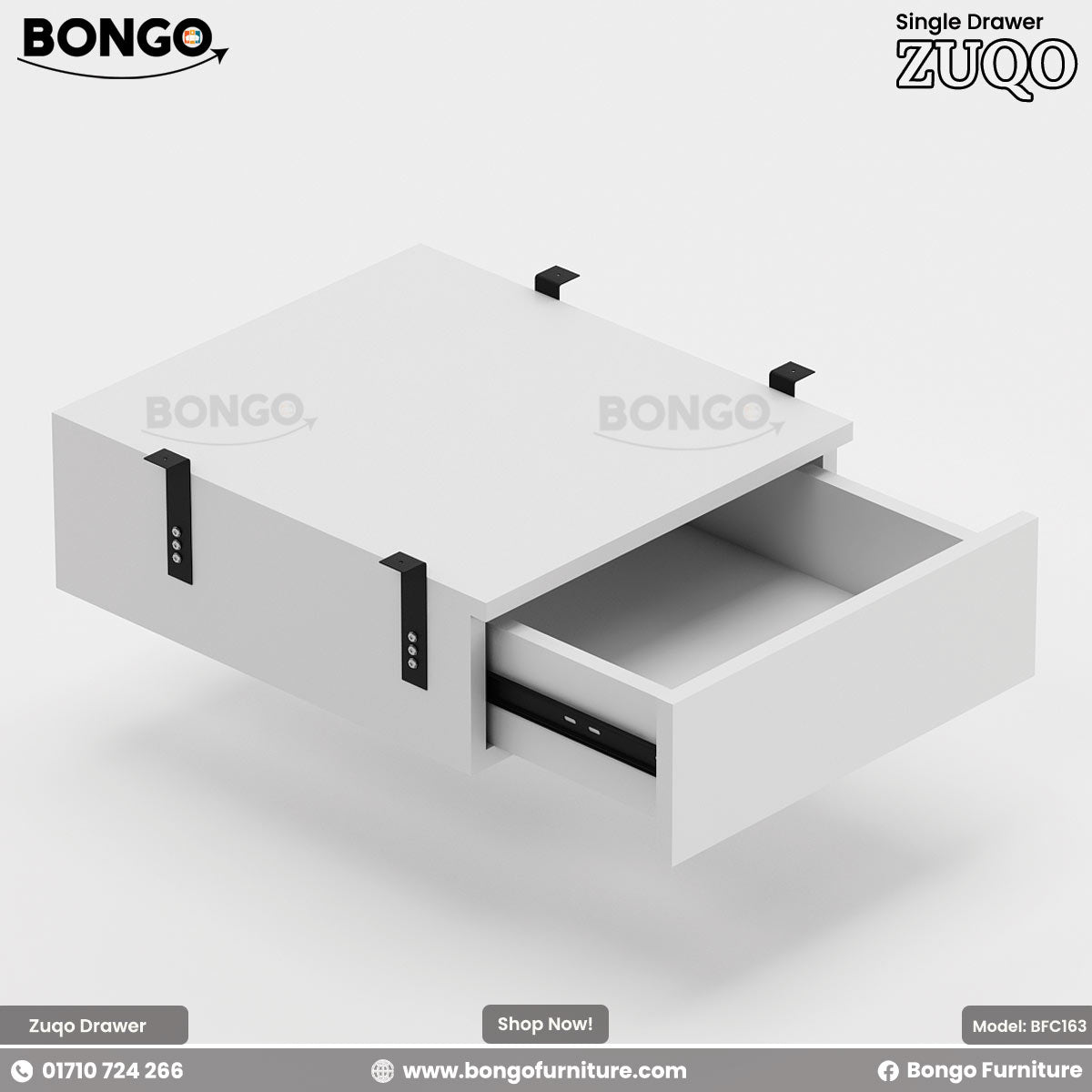 White drawer with open compartment on a light gray background.