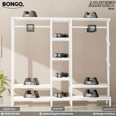 White weight rack with adjustable dumbbells on a beige background, featuring Bongo Furniture branding.