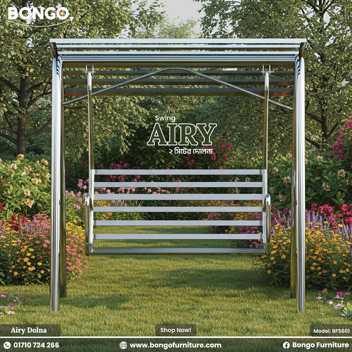 A promotional image for the "Airy" two-seater outdoor swing (Model: BFS601) by Bongo Furniture. The sleek, stainless steel swing is set on a green lawn in the middle of a lush, beautiful garden brimming with colorful flowers and trees. The advertisement includes the company's logo, website, and contact information.