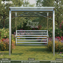 A promotional image for the "Airy" two-seater outdoor swing (Model: BFS601) by Bongo Furniture. The sleek, stainless steel swing is set on a green lawn in the middle of a lush, beautiful garden brimming with colorful flowers and trees. The advertisement includes the company's logo, website, and contact information.