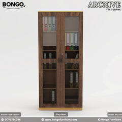 Water Resistant Strong Laminated Board archive file cabinet with glass doors on a white background, featuring the Bongo Furniture brand.