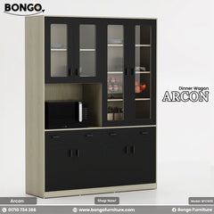 Furniture piece with glass doors and black lower section on a white background, featuring Bongo Furniture branding.