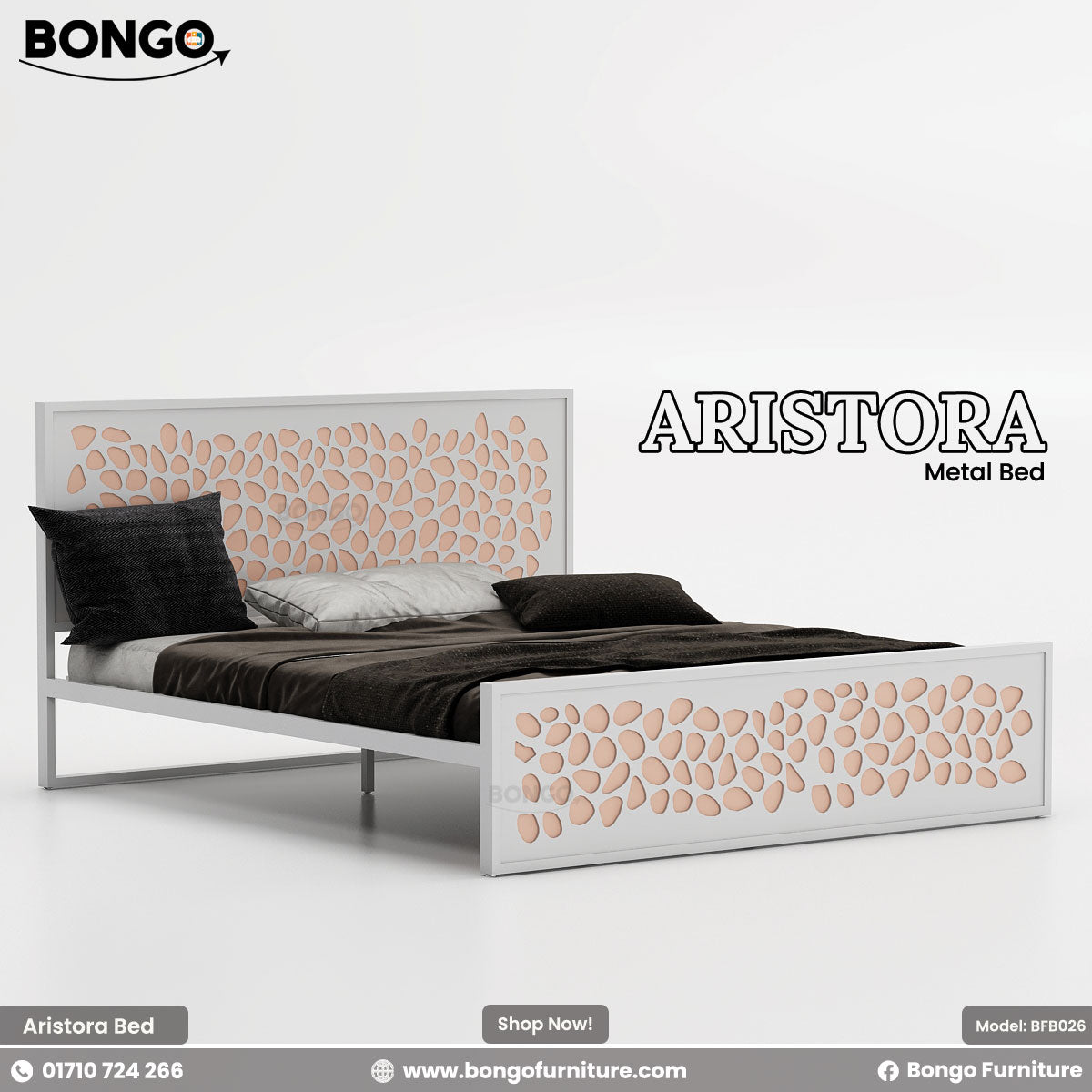 A promotional image of the "ARISTORA Metal Bed" by Bongo, shown with a white and rose-gold color scheme. The modern bed frame is made of white metal. The tall, rectangular headboard and matching lower footboard feature a decorative laser-cut pattern of organic, pebble-like shapes, which are backed by a light peachy-pink or rose-gold colored panel. The bed is made with contrasting dark brown and black bedding and is set against a plain white background.