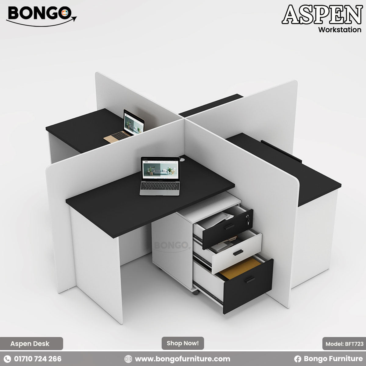 Bongo Aspen workstation with desks and partitions on a white background