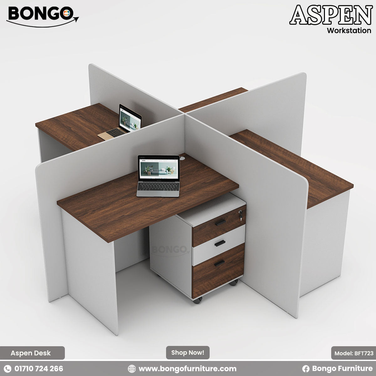 Bongo Aspen workstation with Water Resistant Strong Laminated Board top and white panels on a white background