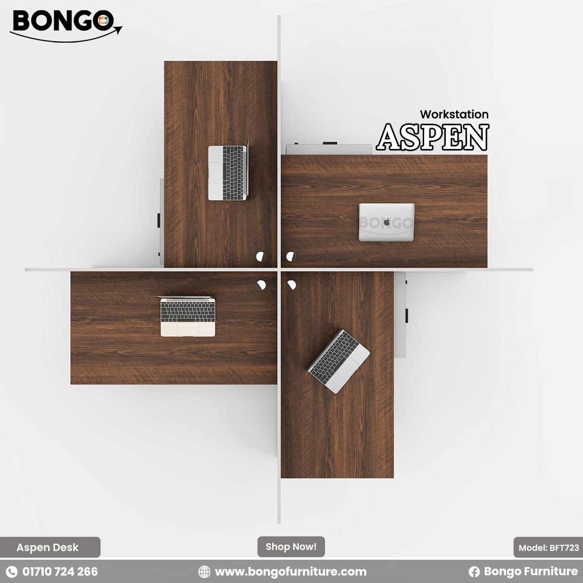 Bongo Aspen workstation with Water Resistant Strong Laminated Board panels and Bongo branding.