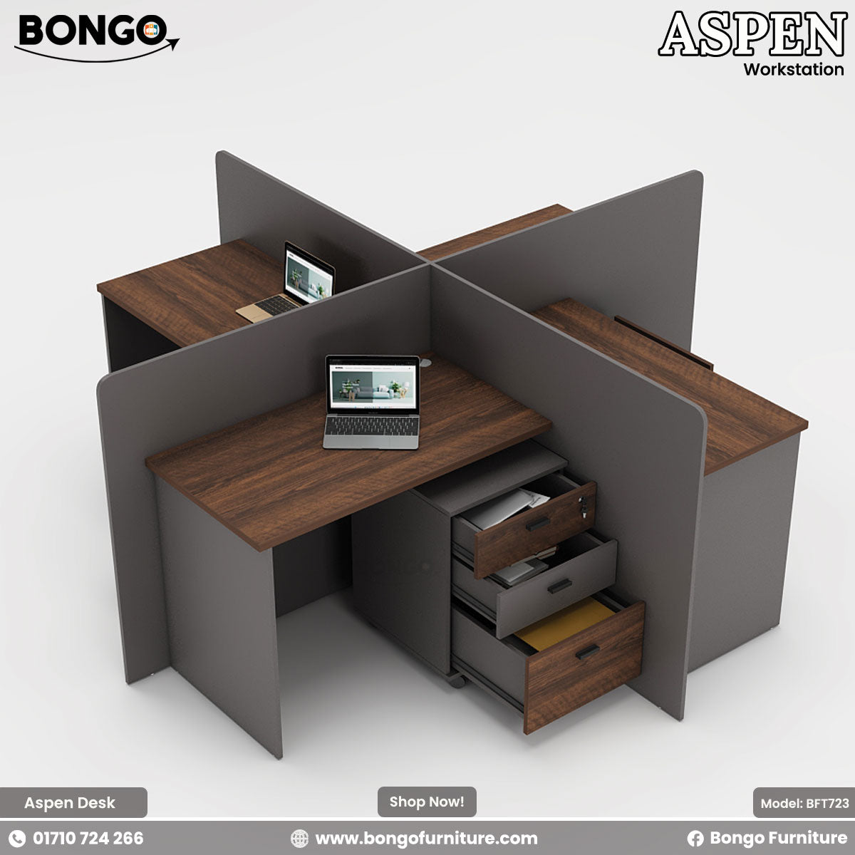Bongo Aspen workstation with Water Resistant Strong Laminated Board desk and gray dividers on a white background