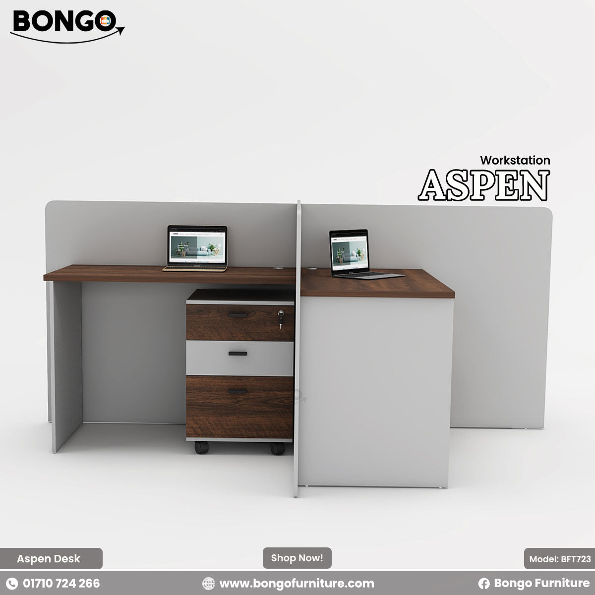 Bongo Aspen workstation with desk and privacy panels on a white background