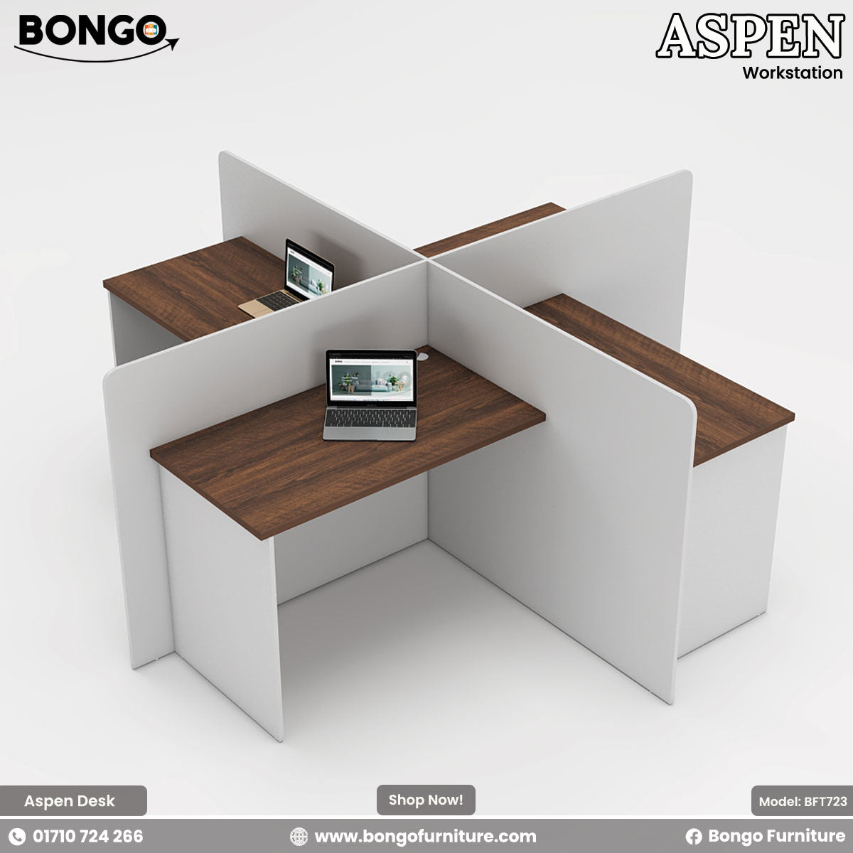 Bongo Aspen workstation with Water Resistant Strong Laminated Board top and white panels on a white background