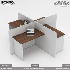 Bongo Aspen workstation with Water Resistant Strong Laminated Board top and white panels on a white background