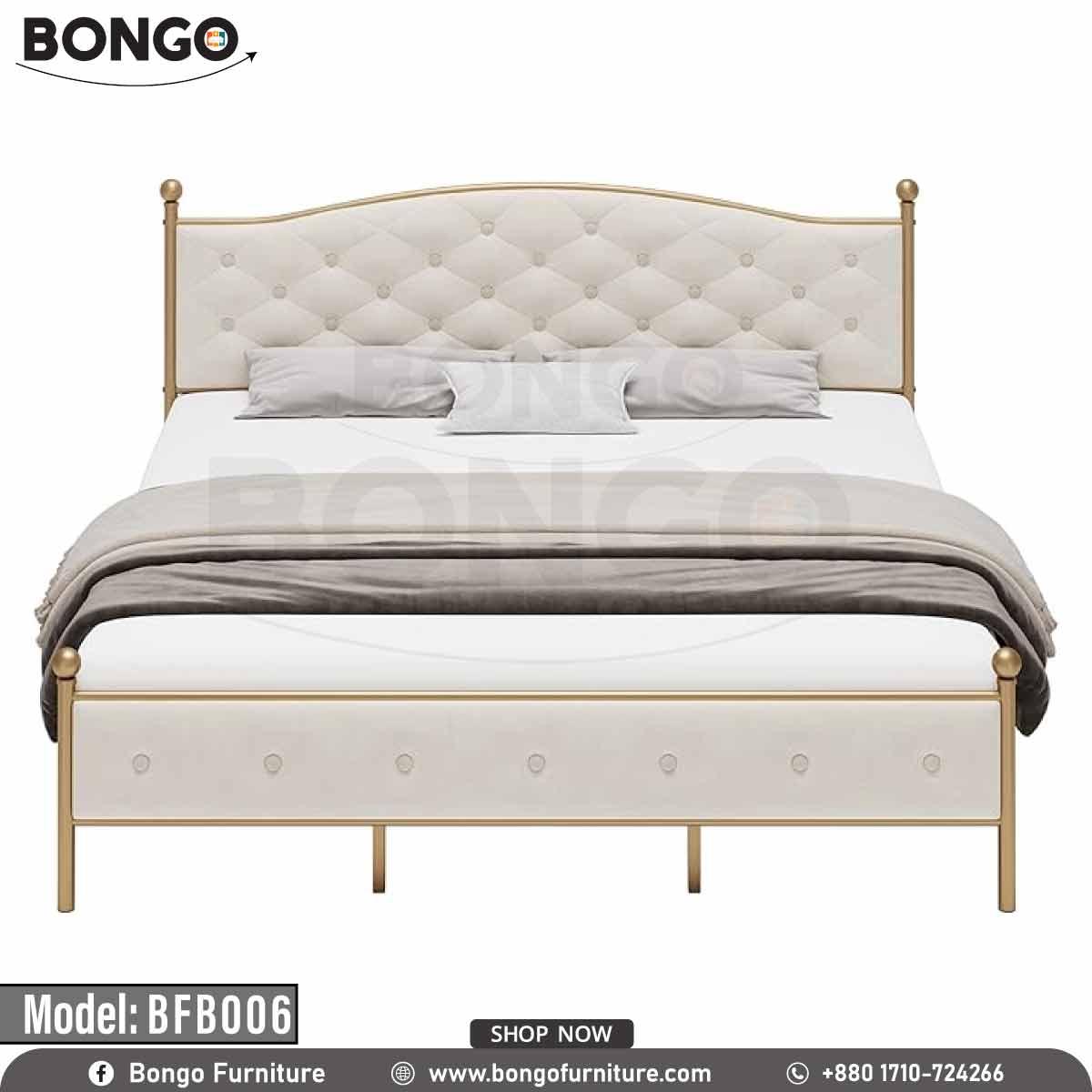 A queen-sized metal bed with a white headboard and footboard, model BFB006, in a room with decor.