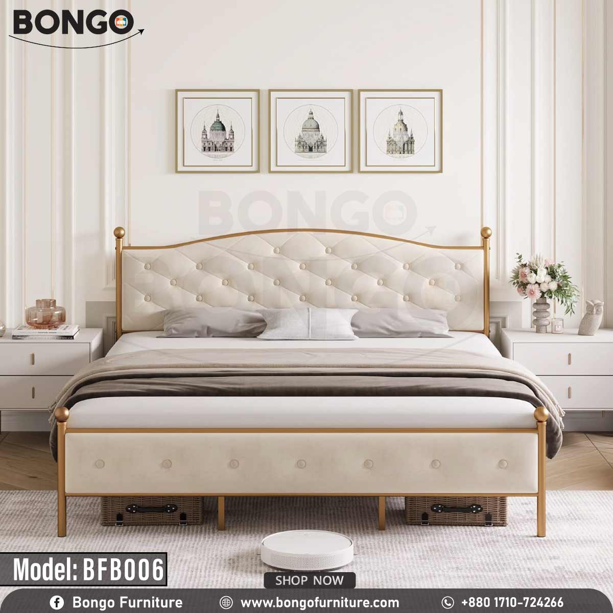 A queen-sized metal bed with a white headboard and footboard, model BFB006, in a room with decor.