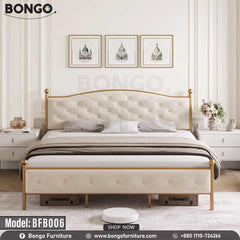 A queen-sized metal bed with a white headboard and footboard, model BFB006, in a room with decor.