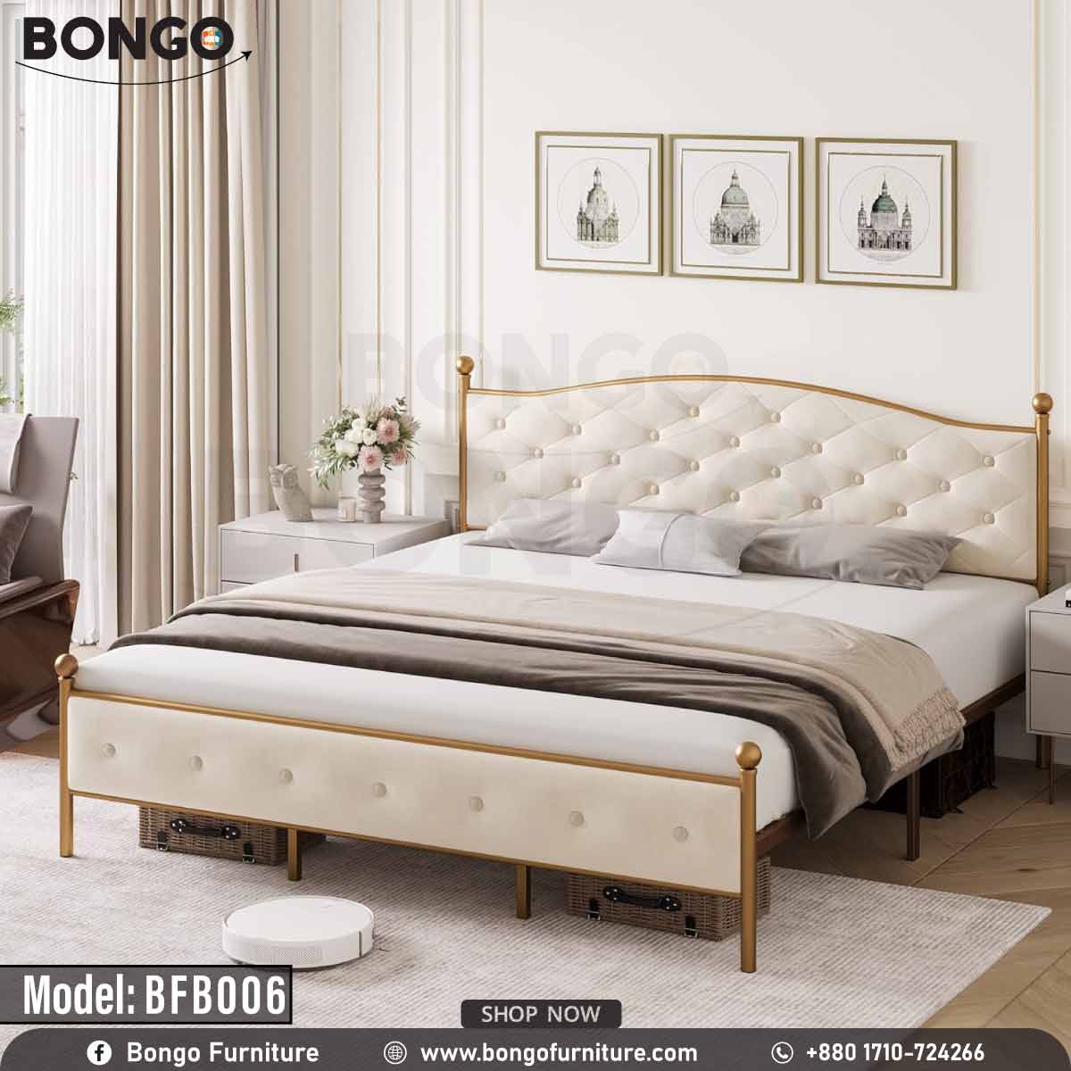 A queen-sized metal bed with a white headboard and footboard, model BFB006, in a room with decor.