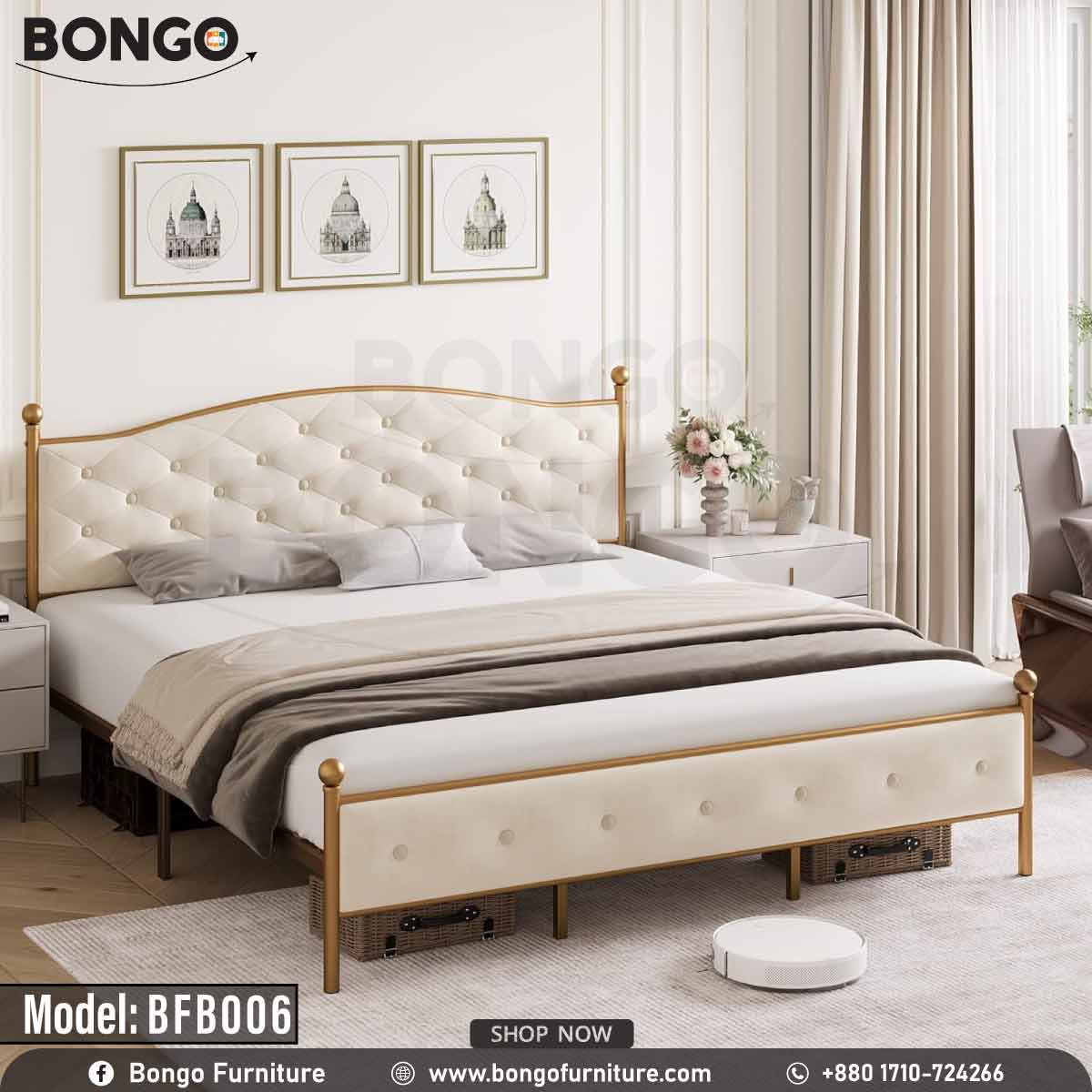 A queen-sized metal bed with a white headboard and footboard, model BFB006, in a room with decor.