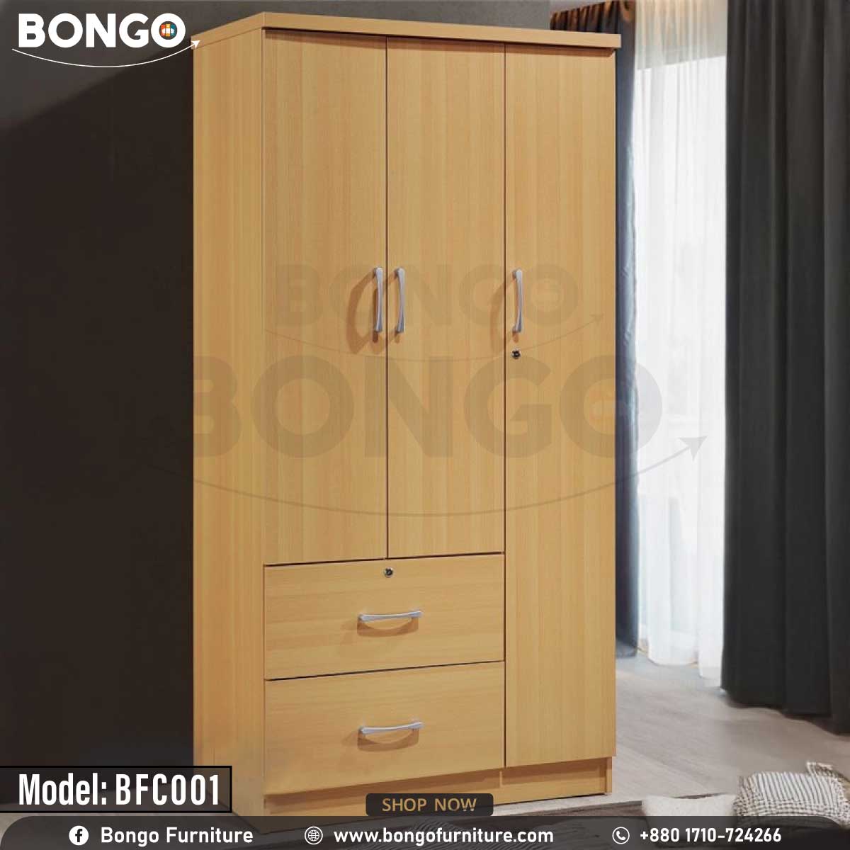 A traditional three-door wardrobe with a light oak Water Resistant Strong Laminated Board finish and silver handles. The upper section consists of a pair of doors on the left and a single, lockable door on the right. Below the left doors is a stack of two wide drawers, the top of which is also lockable. The wardrobe is shown against a white background.