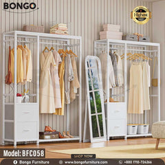 A white closet organizer with multiple hanging garments and a few shoes on the bottom shelf, set against a light wooden background. The brand BONGO is visible at the top.