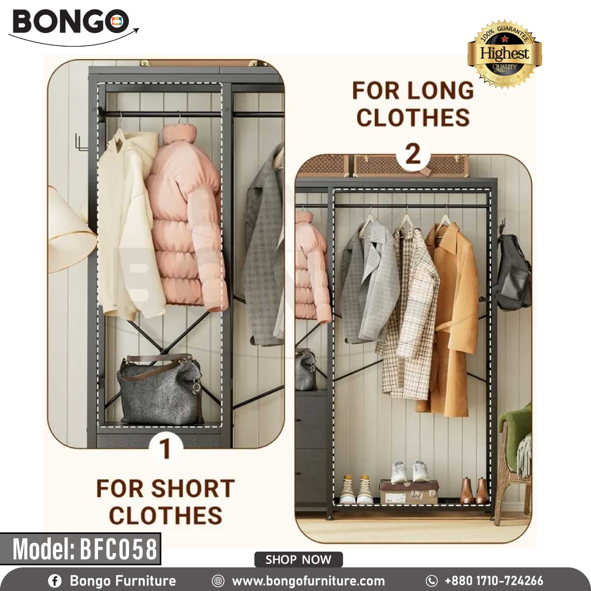 A white closet organizer with multiple hanging garments and a few shoes on the bottom shelf, set against a light wooden background. The brand BONGO is visible at the top.