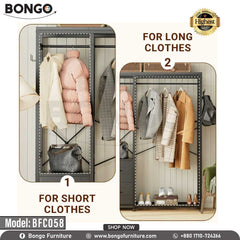 A white closet organizer with multiple hanging garments and a few shoes on the bottom shelf, set against a light wooden background. The brand BONGO is visible at the top.