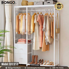 A white closet organizer with multiple hanging garments and a few shoes on the bottom shelf, set against a light wooden background. The brand BONGO is visible at the top.