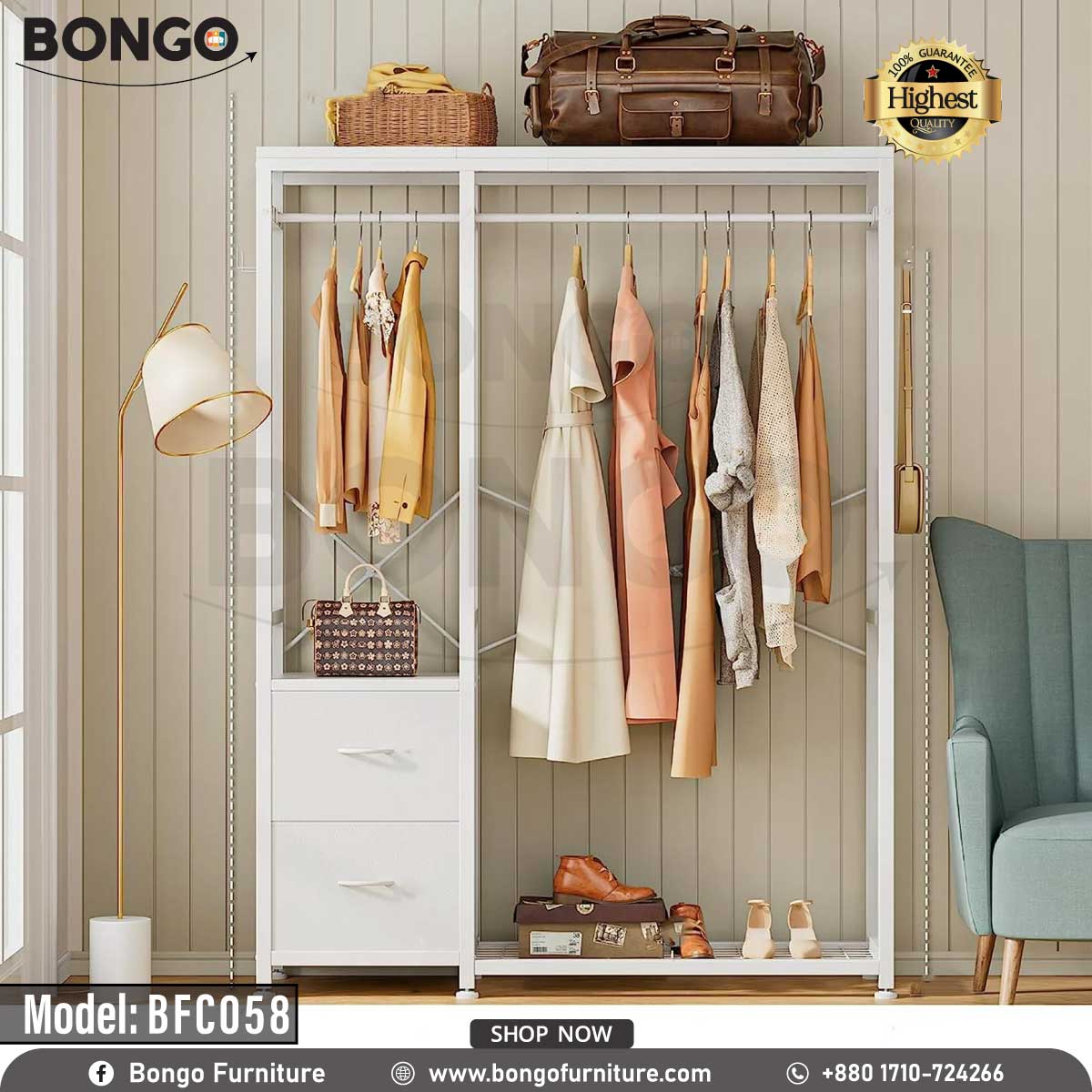 A white closet organizer with multiple hanging garments and a few shoes on the bottom shelf, set against a light wooden background. The brand BONGO is visible at the top.