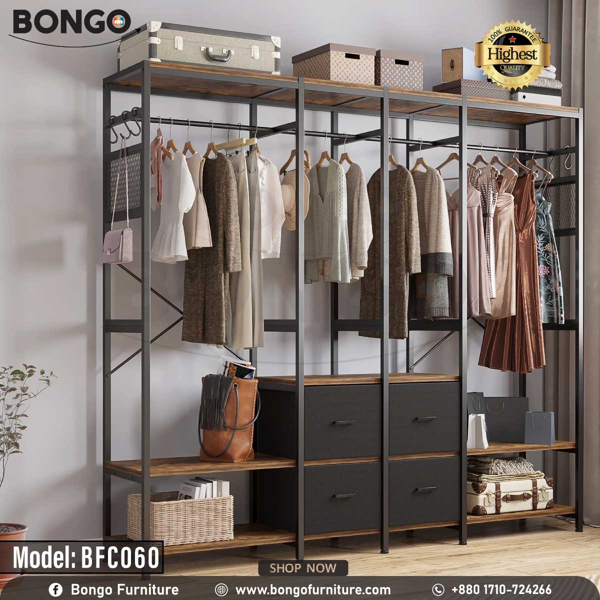 A black closet organizer with multiple shelves, filled with clothes and other storage items, against a white background.