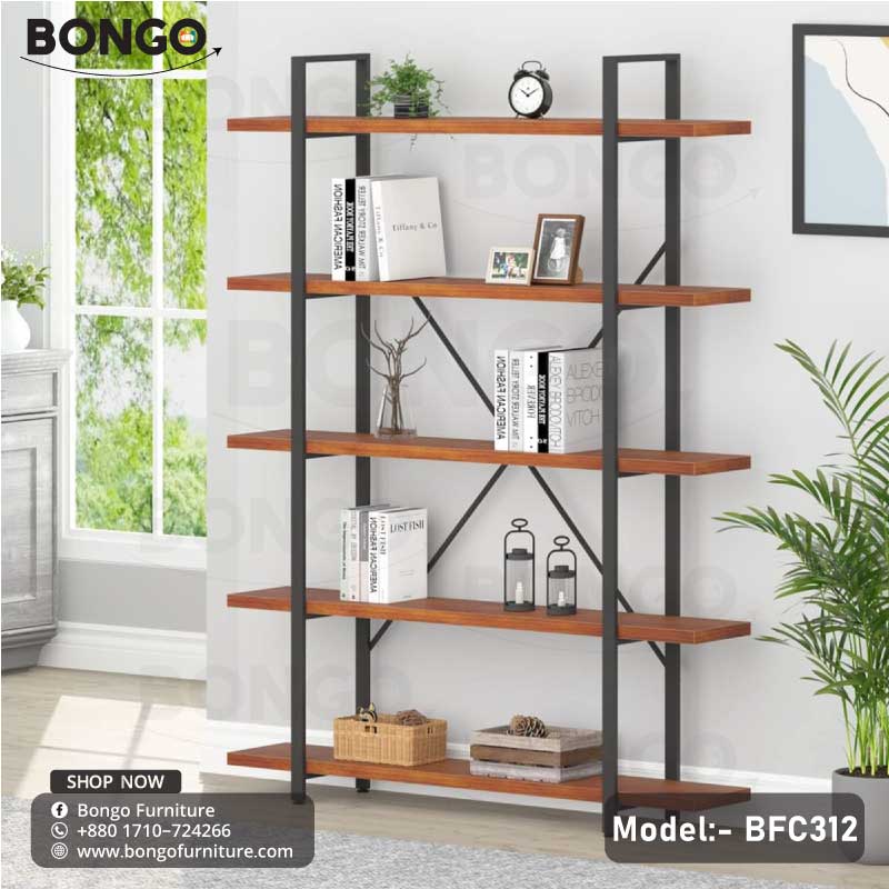 A brown bamboo bookcase with black metal frame, featuring multiple shelves with books, decorative items, and a picture frame on the top shelf.