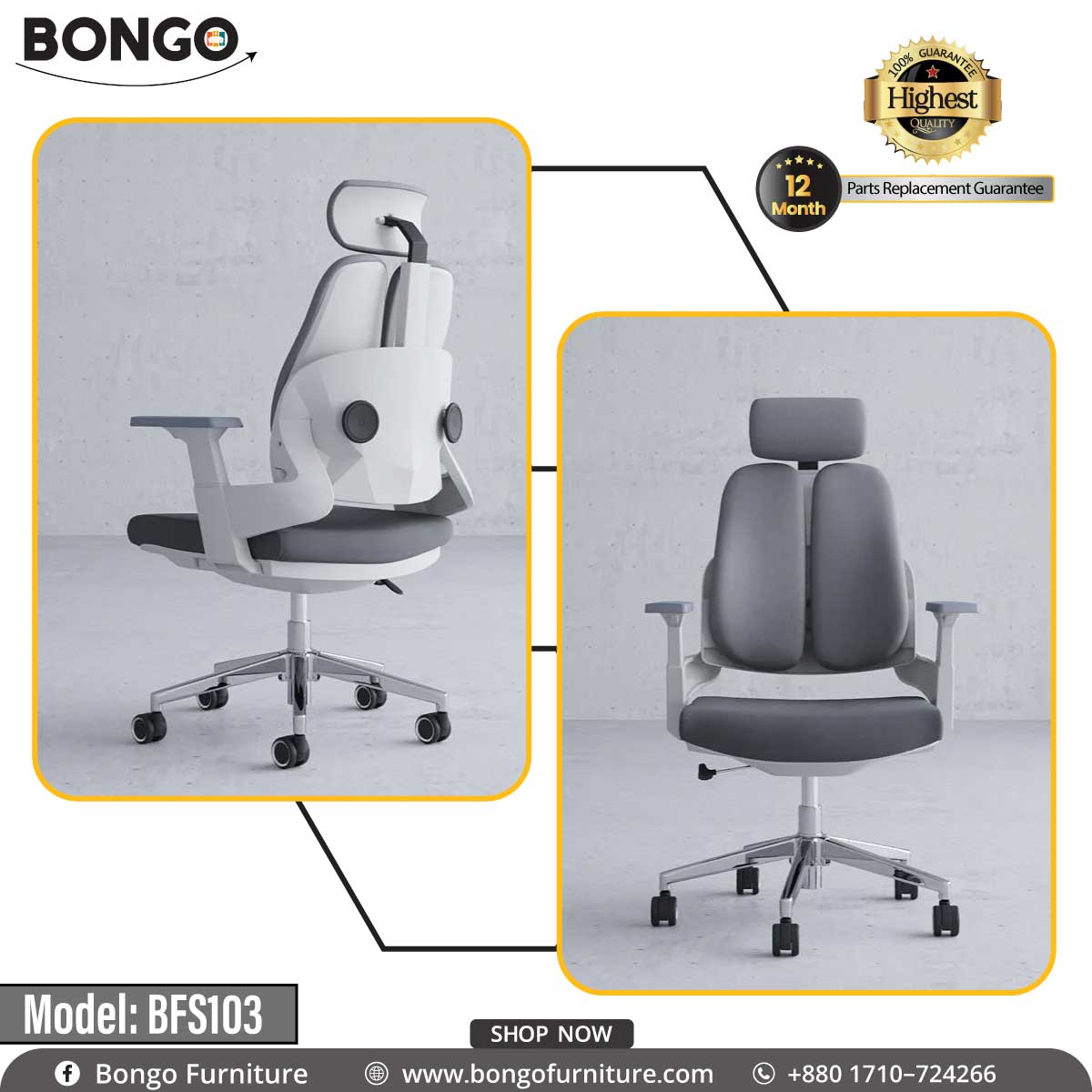 A gray office chair with a headrest, Model: BFS103, by Bongo Furniture, featuring a five-point wheeled base and adjustable armrests.