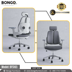A gray office chair with a headrest, Model: BFS103, by Bongo Furniture, featuring a five-point wheeled base and adjustable armrests.