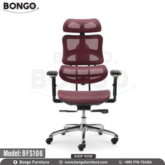 A Red Wine office chair with a mesh backrest, aluminum base, and 360-degree nylon wheels. The chair has adjustable armrests and a headrest, and is presented against a white background with the Bongo Furniture logo.