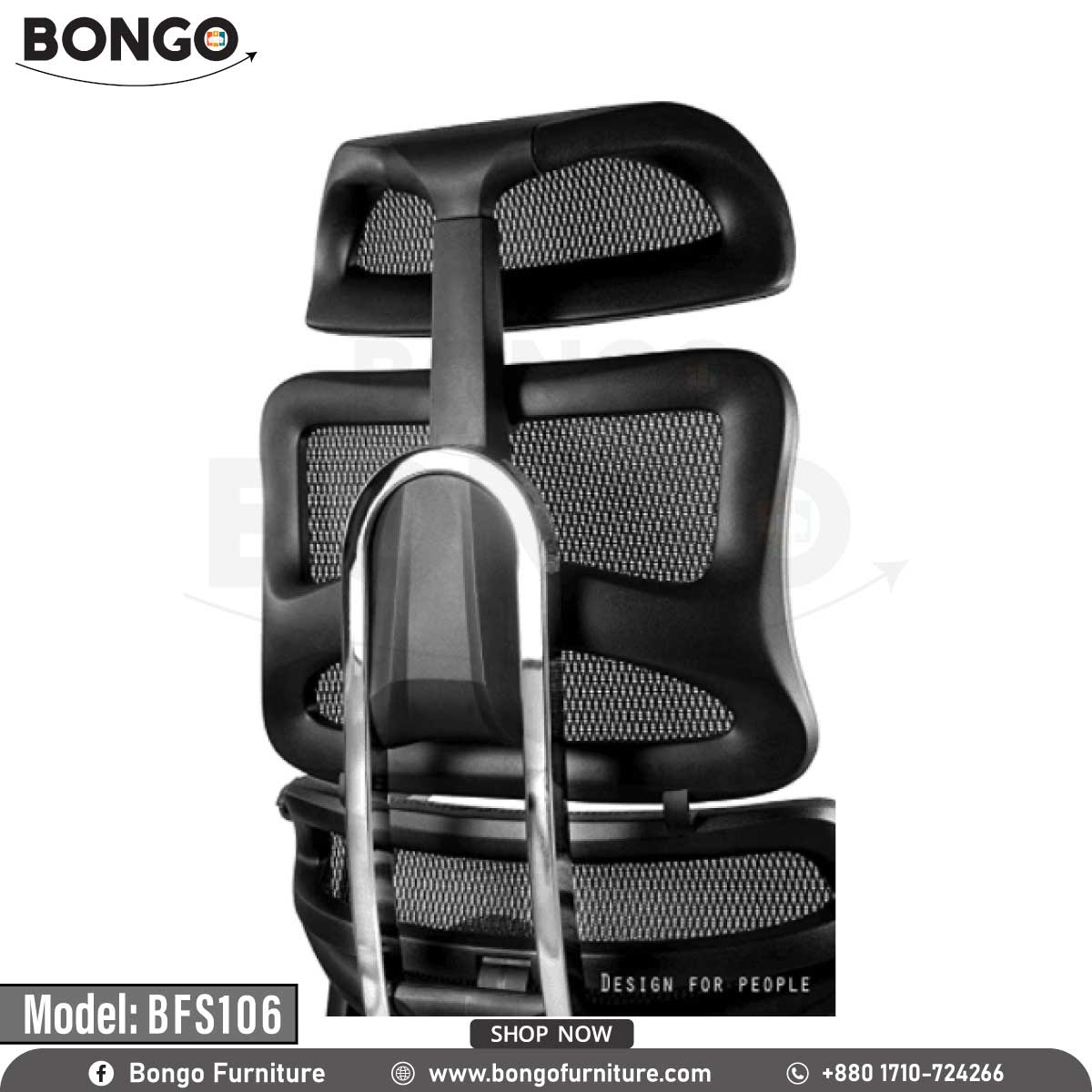A black office chair with a mesh backrest, aluminum base, and 360-degree nylon wheels. The chair has adjustable armrests and a headrest, and is presented against a white background with the Bongo Furniture logo.