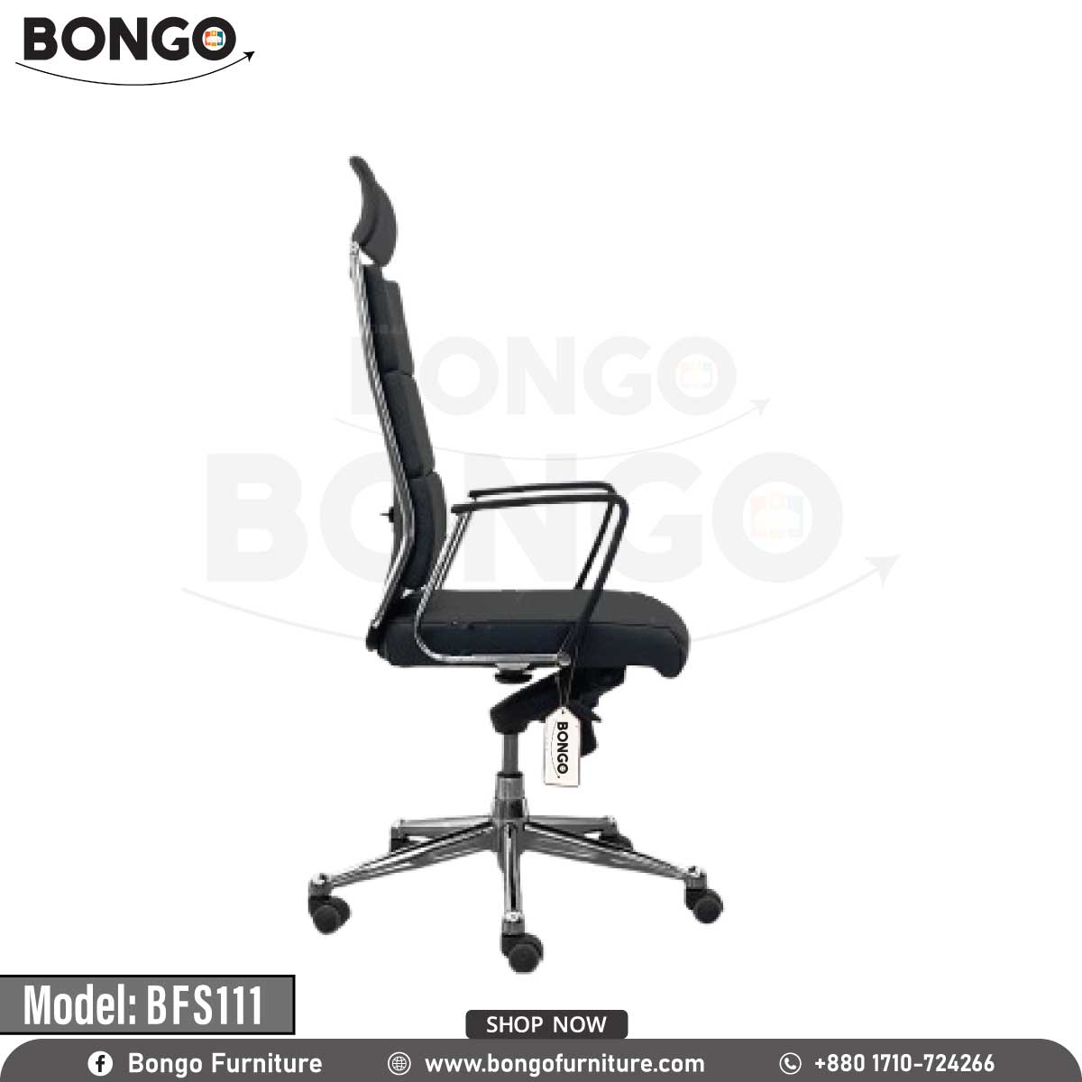 A black office chair with a chrome base and armrests, labeled as 'BFS111' and 'Model BFS11'.