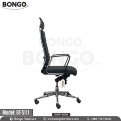 A black office chair with a chrome base and armrests, labeled as 'BFS111' and 'Model BFS11'.