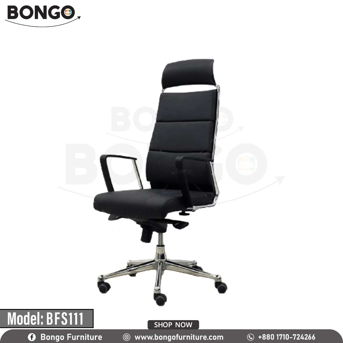 A black office chair with a chrome base and armrests, labeled as 'BFS111' and 'Model BFS11'.