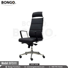 A black office chair with a chrome base and armrests, labeled as 'BFS111' and 'Model BFS11'.