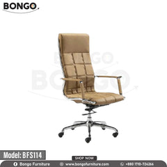 A brown leather Excalibur Boss Chair with a stainless steel base and nylon wheels, model BFS114, on a white background.