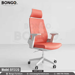 An orange office chair with a white frame and five wheels, branded Starforge by Bongo Furniture, designed for office use.