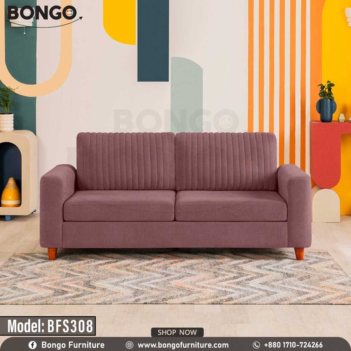 A Red Wine upholstered sofa with wooden legs, positioned in a room with colorful wall art and decor.