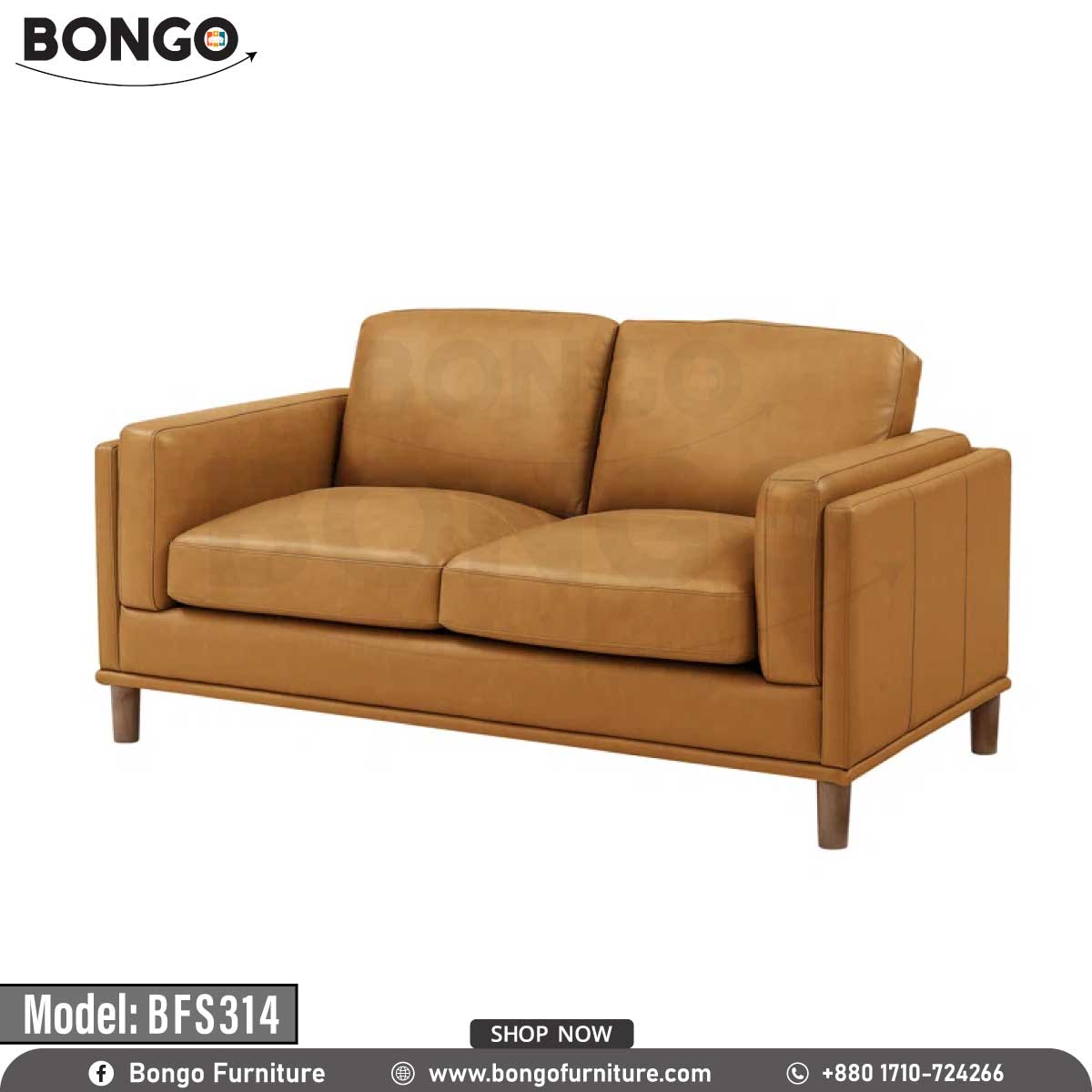 A modern two-seater loveseat upholstered in a smooth, tan-colored leather. The sofa's distinctive features include wide arms with vertical channel tufting on the exterior and tapered, light-colored legs. It is staged with two throw pillows and is pictured in a living room on a dark blue patterned rug.