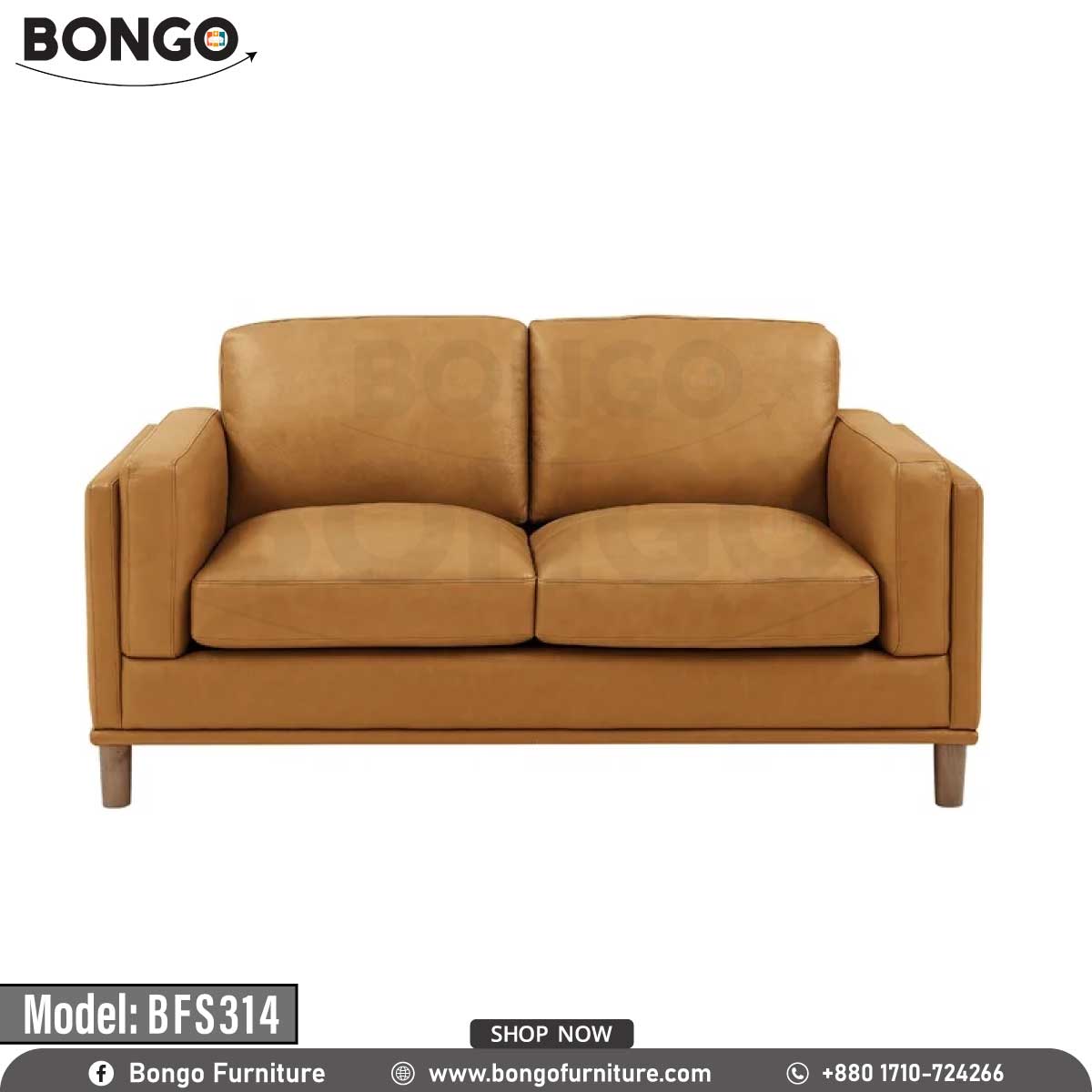 A modern two-seater loveseat upholstered in a smooth, tan-colored leather. The sofa's distinctive features include wide arms with vertical channel tufting on the exterior and tapered, light-colored legs. It is staged with two throw pillows and is pictured in a living room on a dark blue patterned rug.